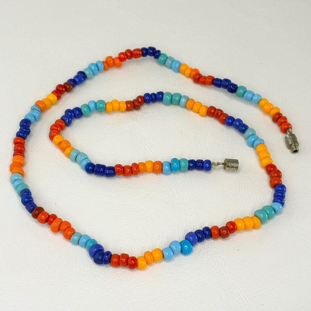 Vintage Necklace Multi Color Rainbow Beads Hippie Retro Boho Barrel Clasp 17.5"